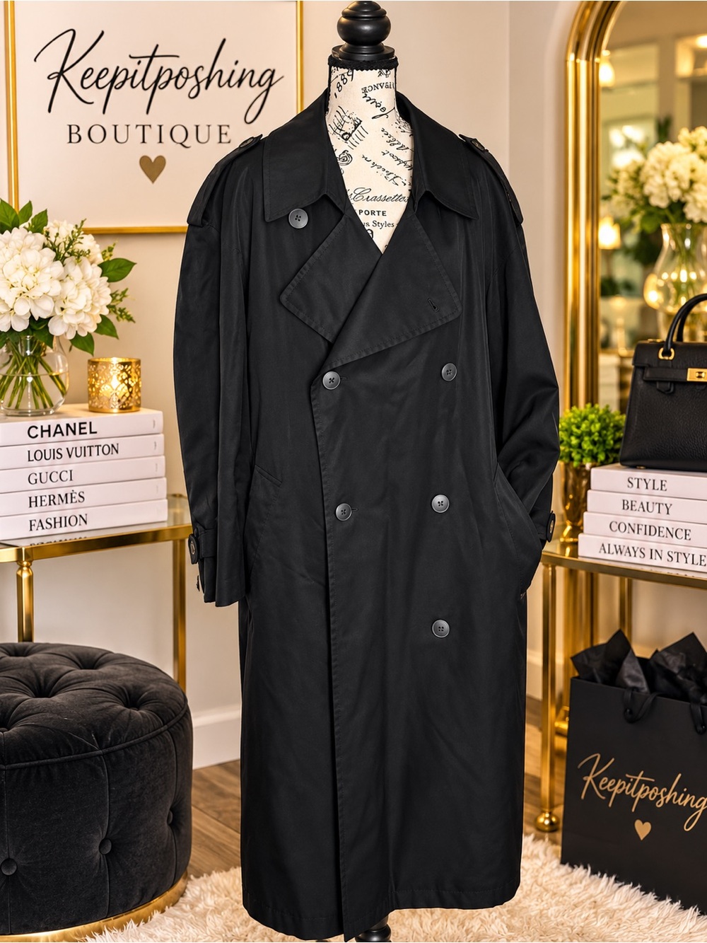 Christian Dior vintage Mens Black Double-Breasted Trench Coat